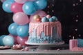 Gender party, baby shower. Boy or girl cake, blue and pink cake, balloons and gifts. generative ai