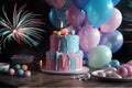 Gender party, baby shower. Boy or girl cake, blue and pink cake, balloons and gifts. generative ai Royalty Free Stock Photo