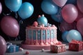 Gender party, baby shower. Boy or girl cake, blue and pink cake, balloons and gifts. generative ai Royalty Free Stock Photo