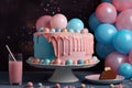 Gender party, baby shower. Boy or girl cake, blue and pink cake, balloons and gifts. generative ai