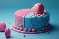 Gender party, baby shower. Boy or girl cake, blue and pink cake, balloons and gifts. generative ai Royalty Free Stock Photo