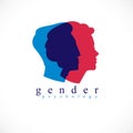 Gender psychology concept created with man and woman heads profiles, vector logo or symbol of relationship problems and conflicts