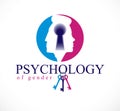 Gender psychology concept created with man and woman heads profiles and keyhole with key of understanding, vector logo or