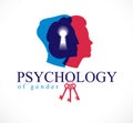 Gender psychology concept created with man and woman heads profiles and keyhole with key of understanding, vector logo or