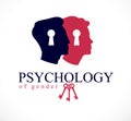 Gender psychology concept created with man and woman heads profiles and keyhole with key of understanding, vector logo or