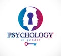 Gender psychology concept created with man and woman heads profiles and keyhole with key of understanding, vector logo or