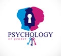 Gender psychology concept created with man and woman heads profiles and keyhole with key of understanding, vector logo or Royalty Free Stock Photo