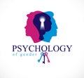 Gender psychology concept created with man and woman heads profiles and keyhole with key of understanding, vector logo or Royalty Free Stock Photo