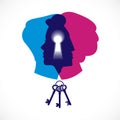 Gender psychology concept created with man and woman heads profiles and keyhole with key of understanding, vector logo or