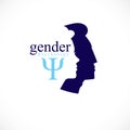 Gender psychology concept created with man and woman heads profiles, vector logo or symbol of relationship problems and conflicts