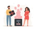 Gender reveal party. Its a girl. Couple opening surprise gift box with inscription Boy or girl. Family dreaming about of Royalty Free Stock Photo