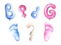 Gender reveal party set. Pink and blue letters, footprint, question mark Watercolor illustration