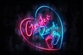 Gender Reveal Pink and Blue Neon Sign on a Dark Heart decorated Wooden Wall 3D illustration