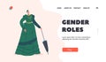 Gender Roles Landing Page Template. Elegant Lady In Vintage Dress With Umbrella, 19th Century European Victorian Woman
