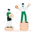 Gender salary gap, businessman and businesswoman wage inequality. Office workers standing on dollar coins stacks, female job