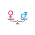 Gender and sexual equality concept. Scales with male and female sex symbols isolated on white background Royalty Free Stock Photo