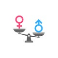 Gender and sexual equality concept. Scales with male and female sex symbols isolated on white background Royalty Free Stock Photo