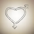Gender signs in heart shape. Vector. Brush drawed black icon at