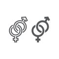 Gender signs line and glyph icon, love and sex, heterosexual sign, vector graphics, a linear pattern on a white Royalty Free Stock Photo