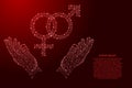 Gender signs of male and female origin are intertwined and two holding, protecting hands from futuristic polygonal red lines and Royalty Free Stock Photo