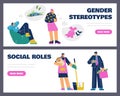 Gender and social roles stereotypes banners flat vector illustrations set.