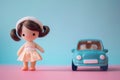 Gender stereotypical toys for children with car and cute doll on pink and blue background