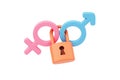 Gender symbol pink and blue with lock 3d love female, male, boy, girl valentine romantic couple sex, sexual, sensual.