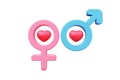 Gender symbol pink and blue with red heart 3d love female, male, boy, girl valentine romantic couple sexual, sensual, erotic.