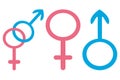 Gender symbols. Set of vector illustrations. Male, female and symbols fastened together. Signs on an isolated background. F