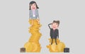 Gender wage difference concept. Business people sitting on top of pile of coins. Isolated