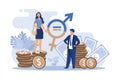 Gender wage equality in business isolated flat vector illustration. Happy female and male tiny characters working together with