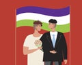 Genderqueer wedding of people, genderqueer flag, flat vector stock illustration with Non-binary adults, agenders, bigenders people