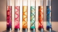 Gene editing. Assorted multicolored DNA helices in lab test tubes Royalty Free Stock Photo