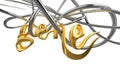 GENE word lettering made with metal steel, platinum silver or gold alphabet hangs on vine over white background 3d