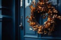 Geneative AI of an autumn wreath on a dark blue front door