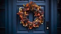 Geneative AI of colorful autumn wreath on a dark blue front door
