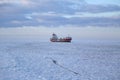 General cargo ship Eemsborg in frozen Baltic Sea near Kemi, Finland