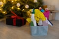 General cleaning before the winter holidays Christmas and New Year. cleaning products near the Christmas tree Royalty Free Stock Photo