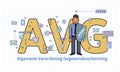 General Data Protection Regulation in Netherlands. Man with a shield in front of big AVG letters among internet and