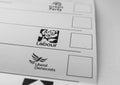 General election ballot paper with green party, labour, libdem logos