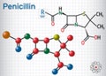 General formula of penicillin PCN molecule. It is a group of antibiotics. Sheet of paper in a cage. Structural chemical formula