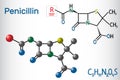 General formula of penicillin PCN molecule. It is a group of antibiotics. Structural chemical formula and molecule model