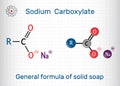 General formula of solid soap molecule. Sodium carboxylate, RCOONa. It is the sodium salt of fatty acid. Molecule model. Sheet of