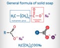 General formula of solid soap molecule. Sodium carboxylate, RCOONa. It is the sodium salt of fatty acid. Structural chemical Royalty Free Stock Photo