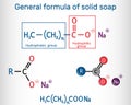 General formula of solid soap molecule. Sodium carboxylate, RCOONa. It is the sodium salt of fatty acid. Structural chemical