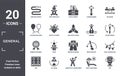 general icon set. include creative elements as hose with drops, balancer, winning, bridge on avenue perspective, go badge, number