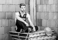 General maintenance repair worker. Break for relax. Attractive worker. Sexy laborer. Building construction. Worker brick Royalty Free Stock Photo