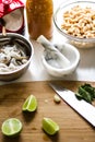 General mise en place with shrimp white beans and kitchen tools