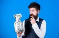 General savings tips. Man bearded hipster hold jar full of cash. Keeping cash issues. Businessman with his dollar Royalty Free Stock Photo