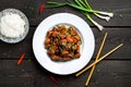 General Tso`s Chicken plate with rice top view Royalty Free Stock Photo